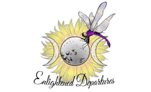 Enlightened Departures logo with a sunflower and dragonfly